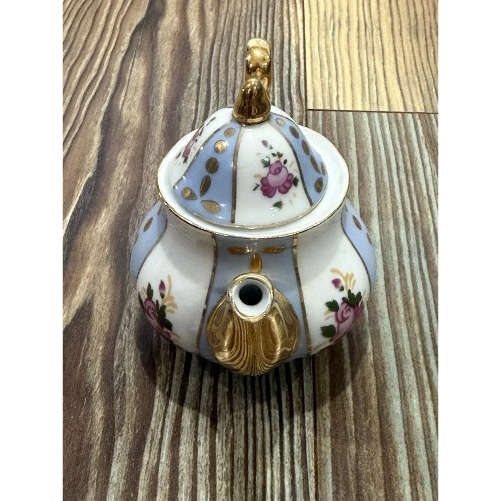 Miniature Blue and White w/ Pink Rose Design, Gold Trim Porcelain Teapot 3